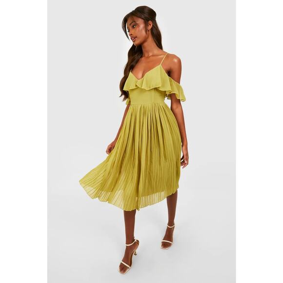 Boohoo Dresses & Skirts - NWT Boohoo Midi Dress Cold Shoulder Ruffle Bridesmaid Olive Green Size 14